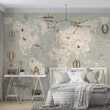 World Map Wallpaper with Animals Kids Room Wall Mural