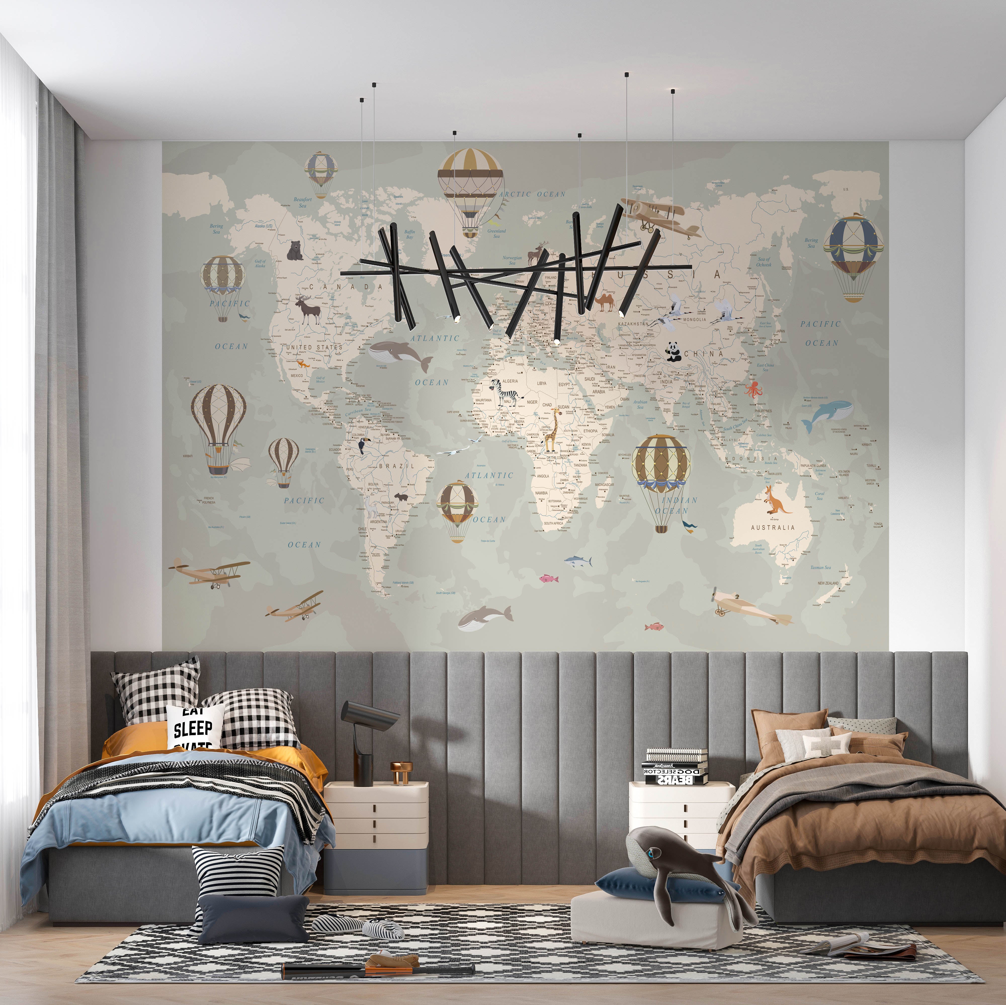 World Map Wallpaper with Animals Kids Room Wall Mural