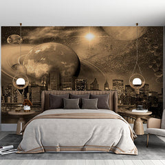 Custom Cityscape with Planets at Night Wallpaper Mural