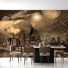 Custom Cityscape with Planets at Night Wallpaper Mural