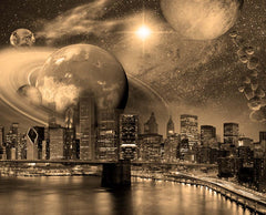 Custom Cityscape with Planets at Night Wallpaper Mural