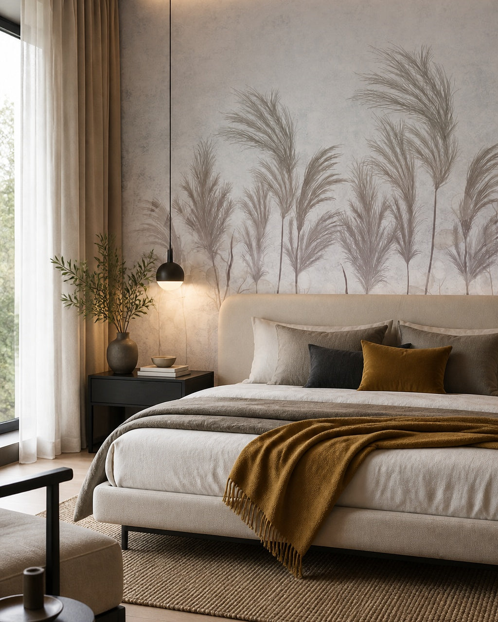 Pastel pampas grass wallpaper in a designer bedroom.