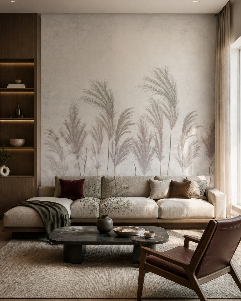 Pastel pampas grass wallpaper in a designer living room.