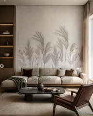 Pastel pampas grass wallpaper in a designer living room.