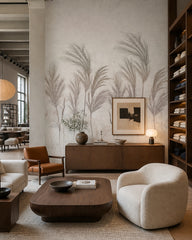 Pastel pampas grass wallpaper in a design showroom.
