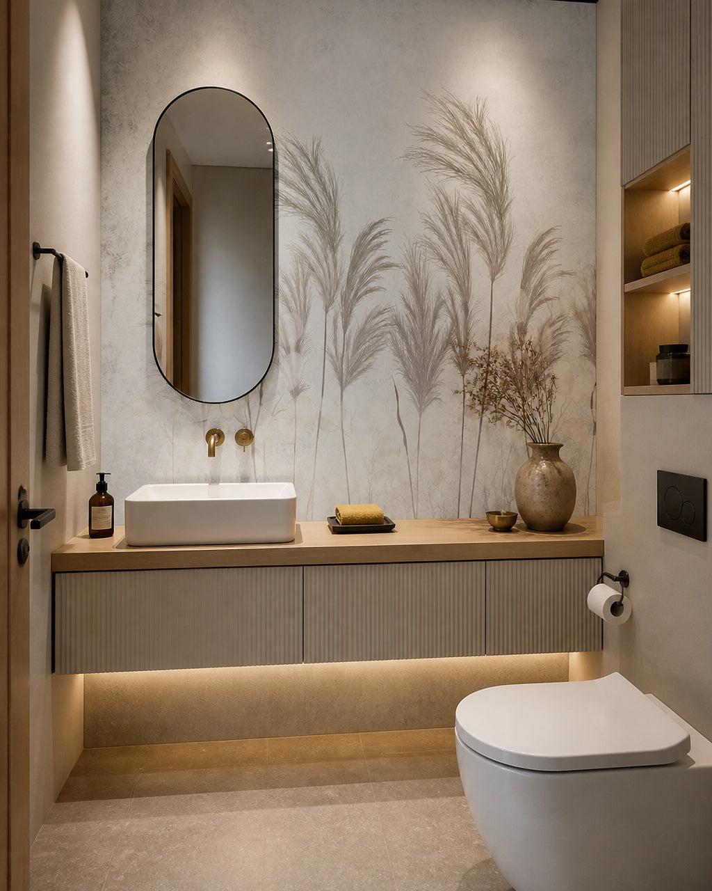 Pastel pampas grass wallpaper in a luxury bathroom.