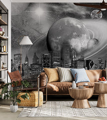 Custom Black and White City Skyline Wallpaper Stars Night with Planets Mural