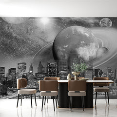 Custom Black and White City Skyline Wallpaper Stars Night with Planets Mural