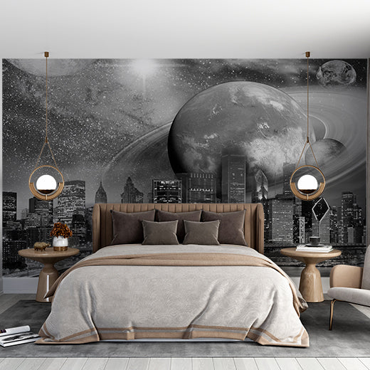 Custom Black and White City Skyline Wallpaper Stars Night with Planets Mural