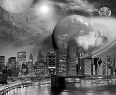 Custom Black and White City Skyline Wallpaper Stars Night with Planets Mural