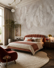 Neutral feathers wallpaper in a designer bedroom.