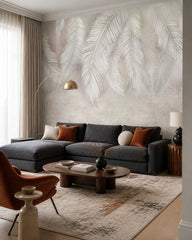 Neutral feathers wallpaper in a designer living room.