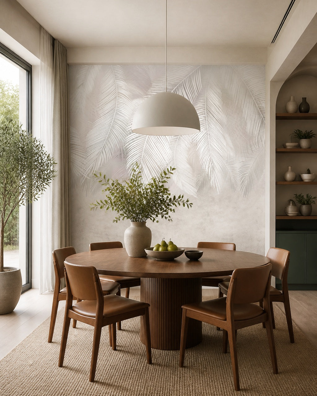 Neutral feathers wallpaper in a refined dining area.