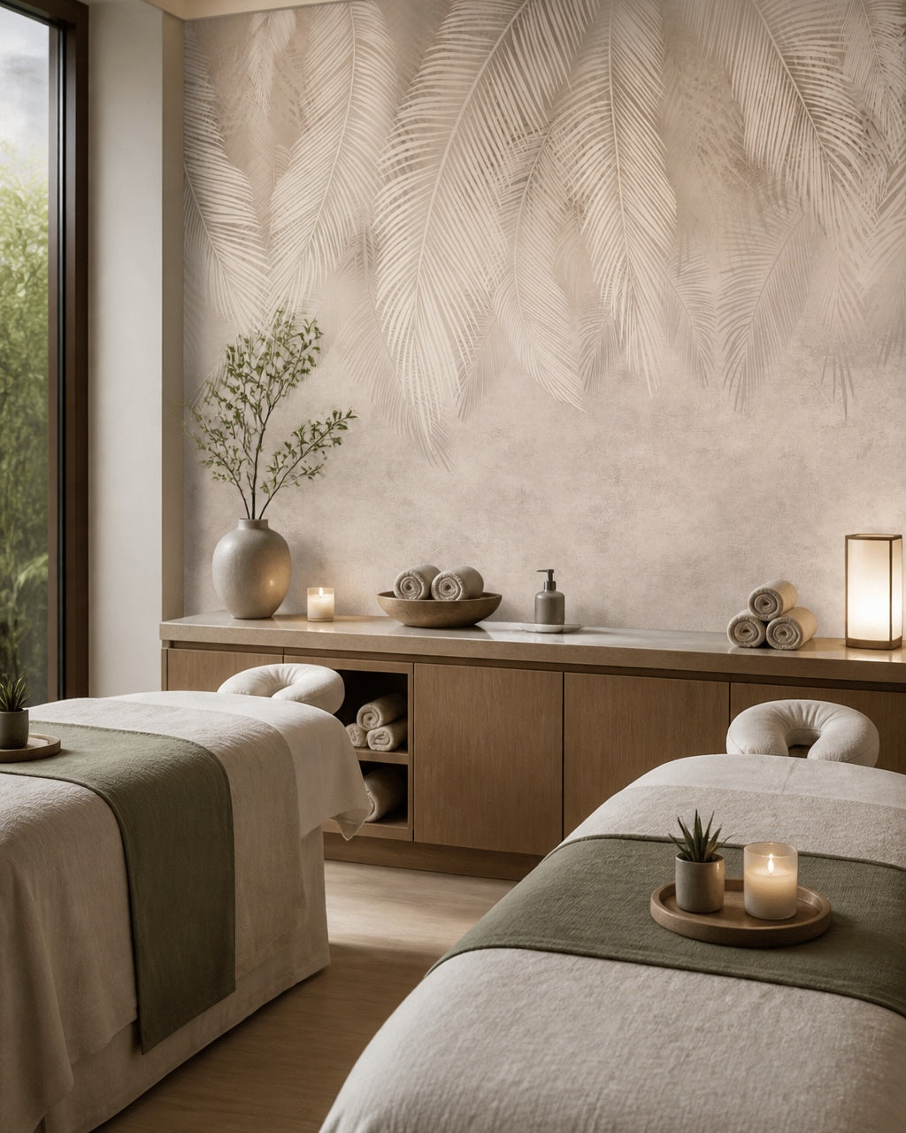 Neutral feathers wallpaper in a wellness spa.