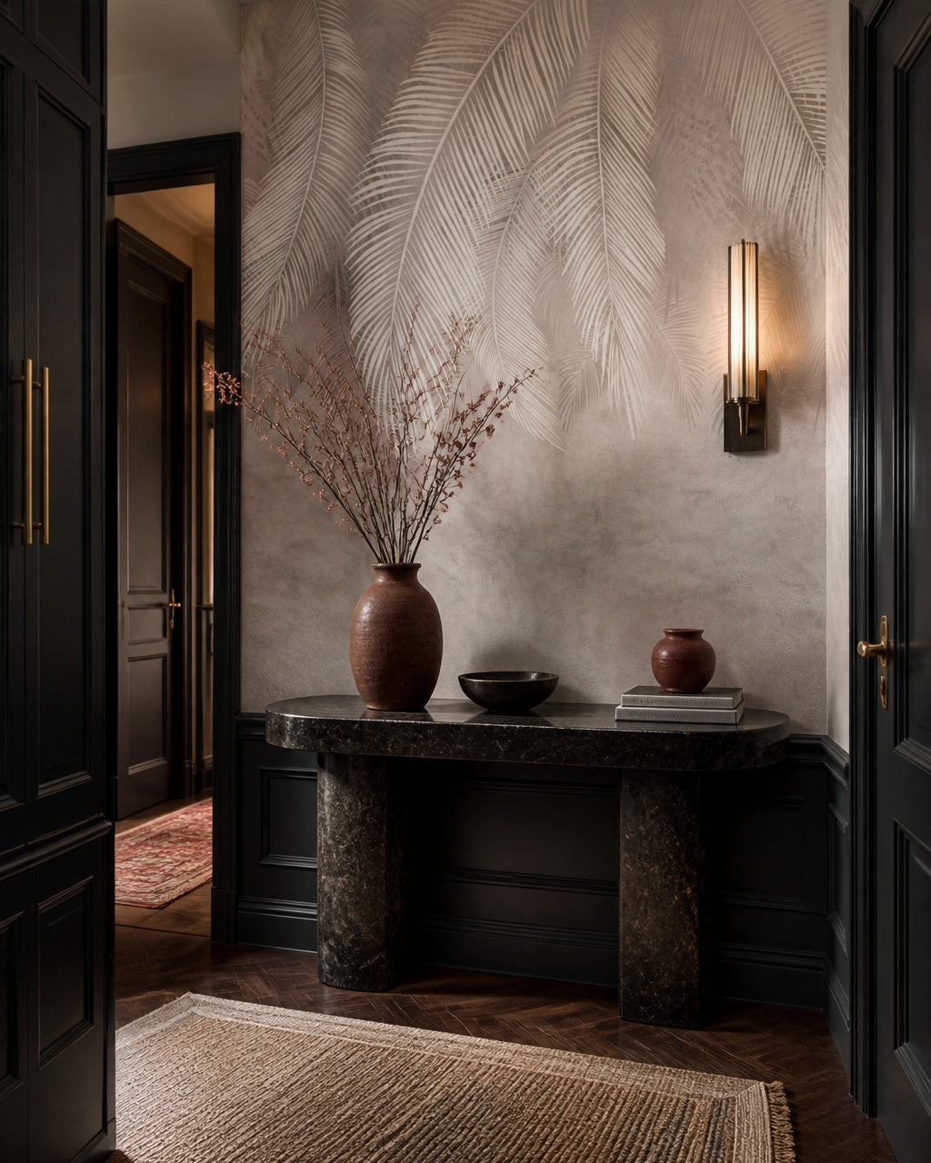 Neutral feathers wallpaper in a designer entrance hall.