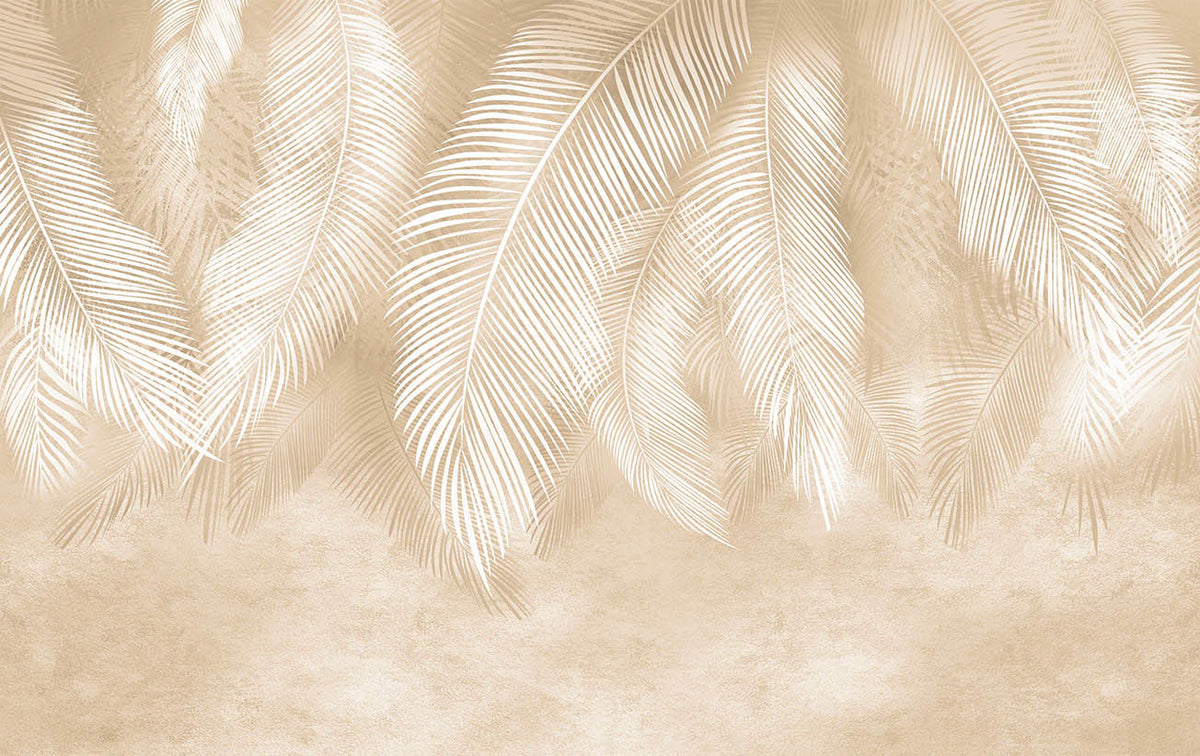 Goudbeige verenbehang – warm fotobehang met palmbladeren in bohostijl