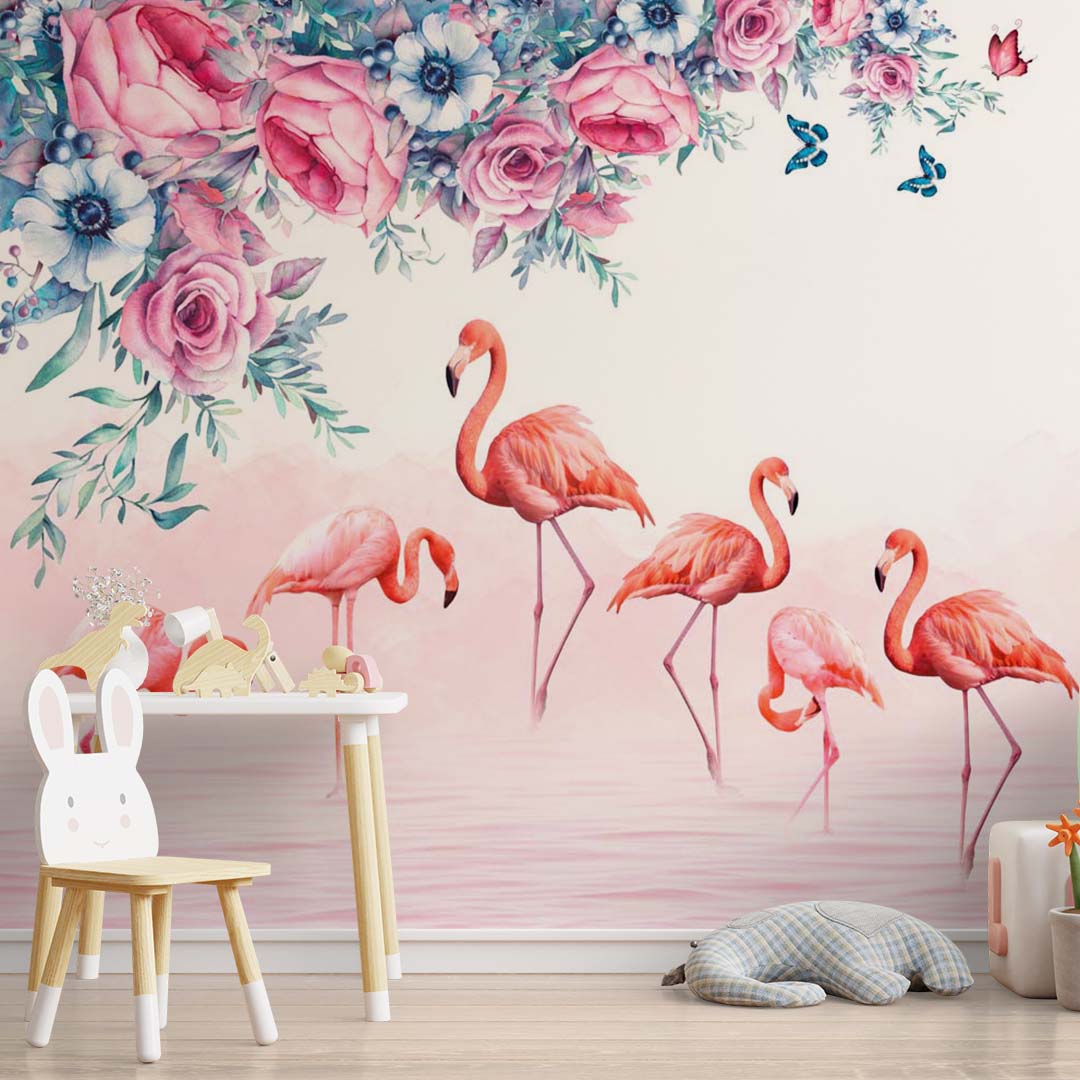 Kids Wall Mural Pink Flamingo with Flowers Tropical Nursery Wallpaper