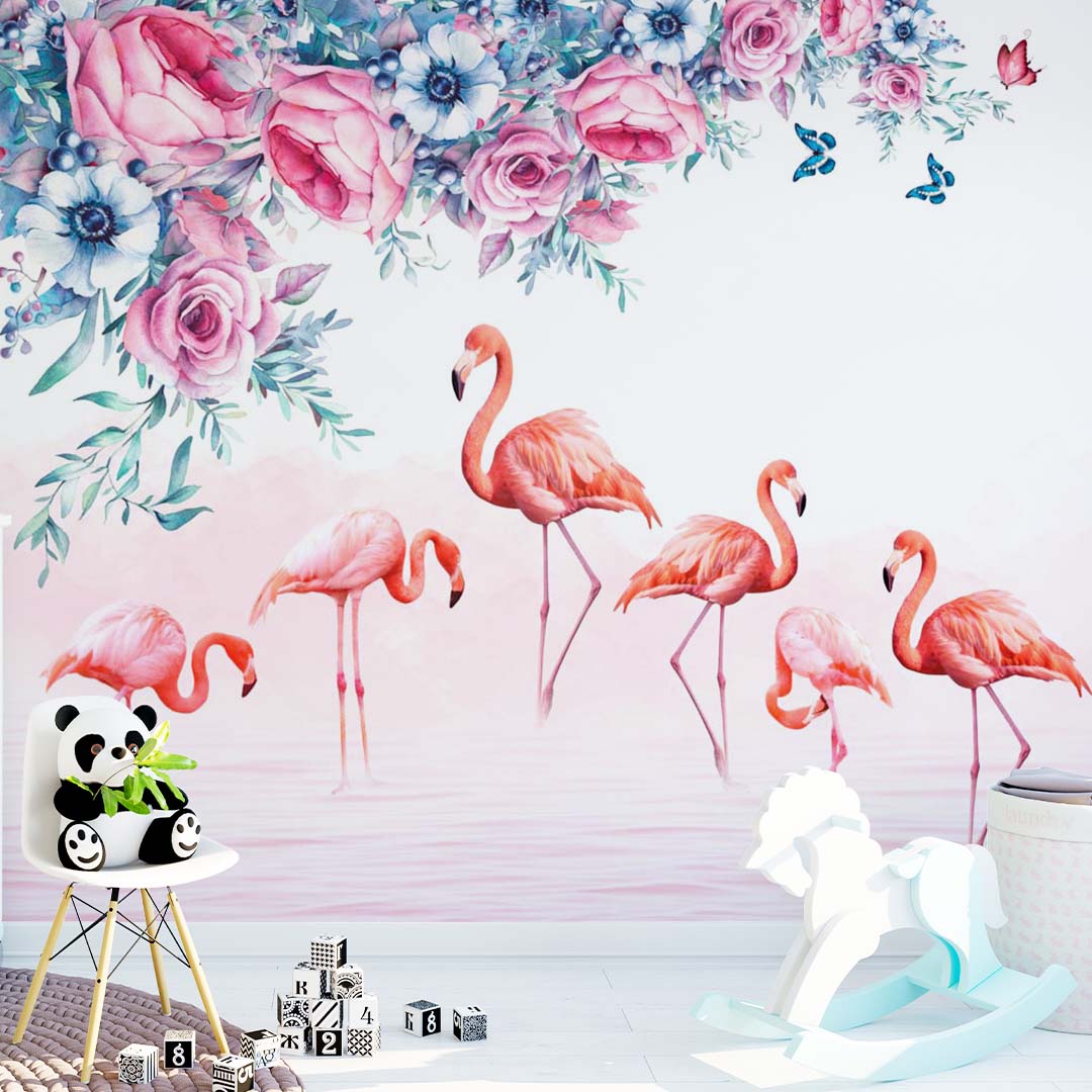 Kids Wall Mural Pink Flamingo with Flowers Tropical Nursery Wallpaper