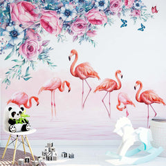 Custom Kids Wall Mural Pink Flamingo with Flowers Tropical Nursery Wallpaper