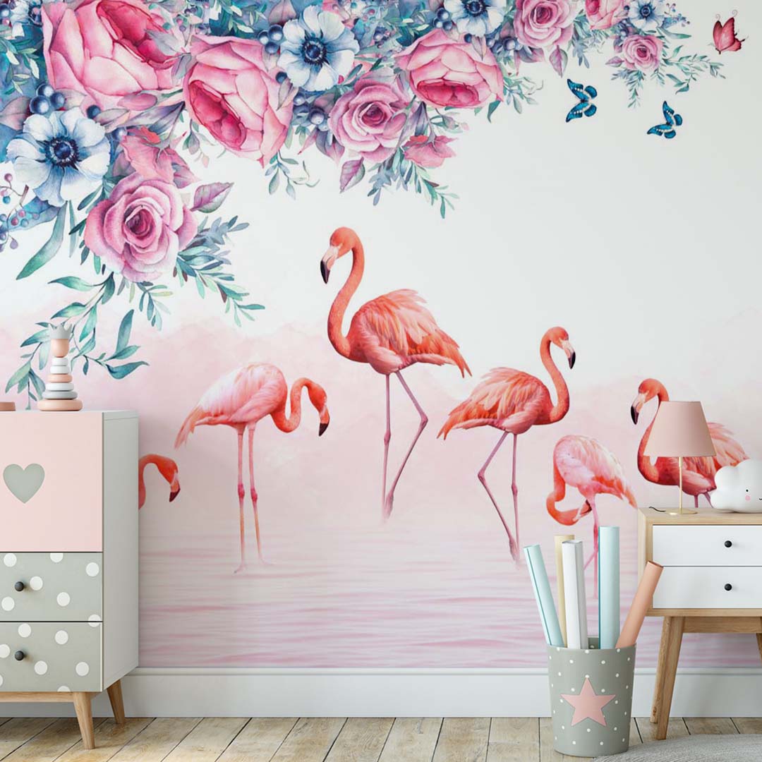 Kids Wall Mural Pink Flamingo with Flowers Tropical Nursery Wallpaper