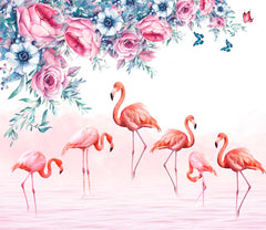 Custom Kids Wall Mural Pink Flamingo with Flowers Tropical Nursery Wallpaper