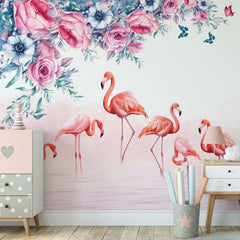 Custom Kids Wall Mural Pink Flamingo with Flowers Tropical Nursery Wallpaper