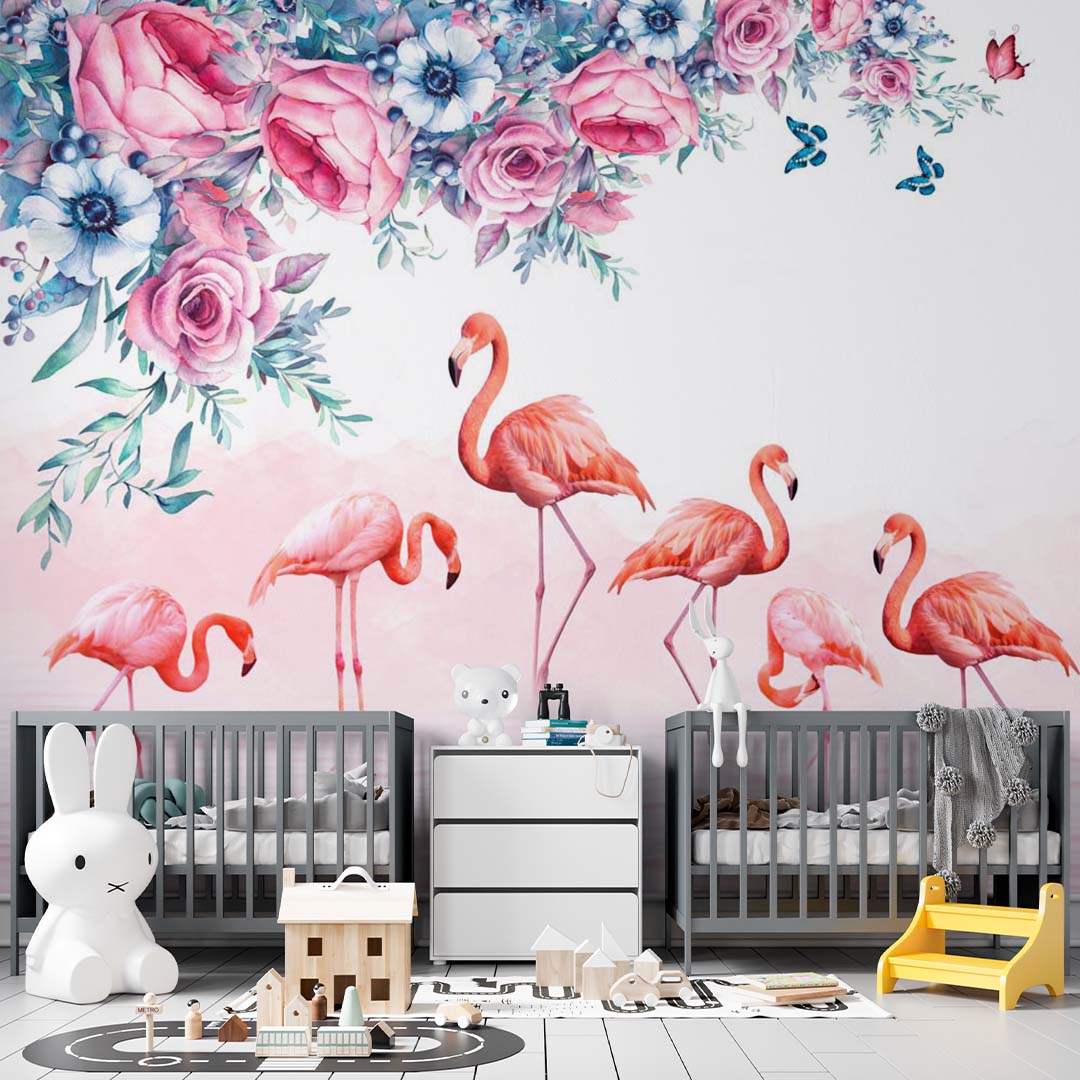 Kids Wall Mural Pink Flamingo with Flowers Tropical Nursery Wallpaper