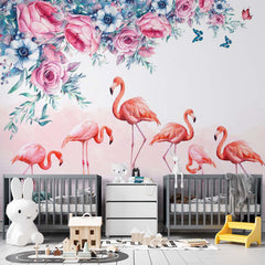 Custom Kids Wall Mural Pink Flamingo with Flowers Tropical Nursery Wallpaper