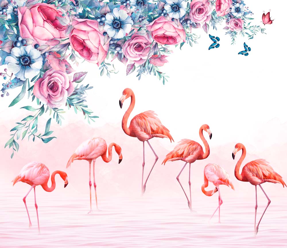 Kids Wall Mural Pink Flamingo with Flowers Tropical Nursery Wallpaper