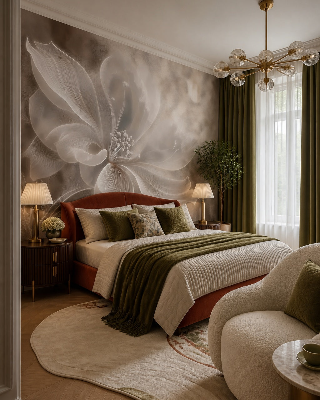 Ethereal flower wallpaper in a designer bedroom.