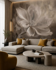 Ethereal flower wallpaper in a designer living room.