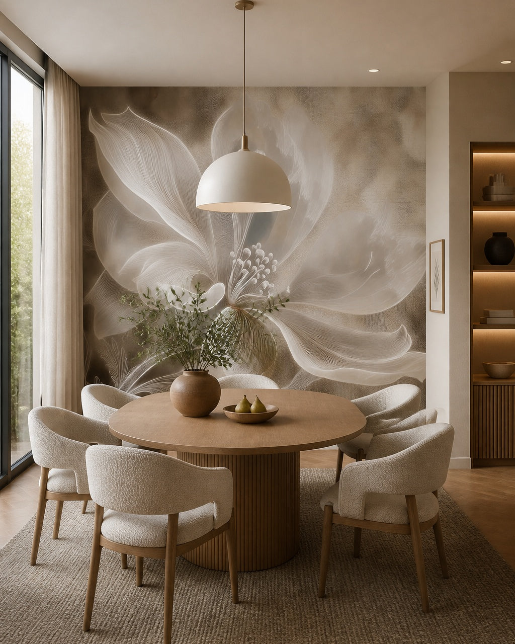 Ethereal flower wallpaper in a refined dining area.
