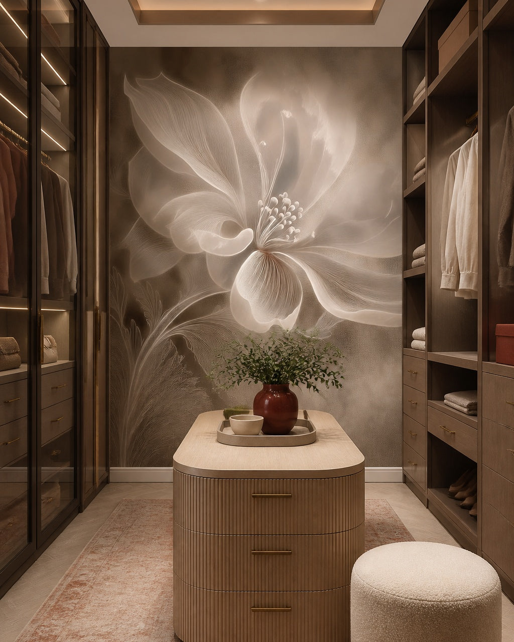 Ethereal flower wallpaper in a dressing room.