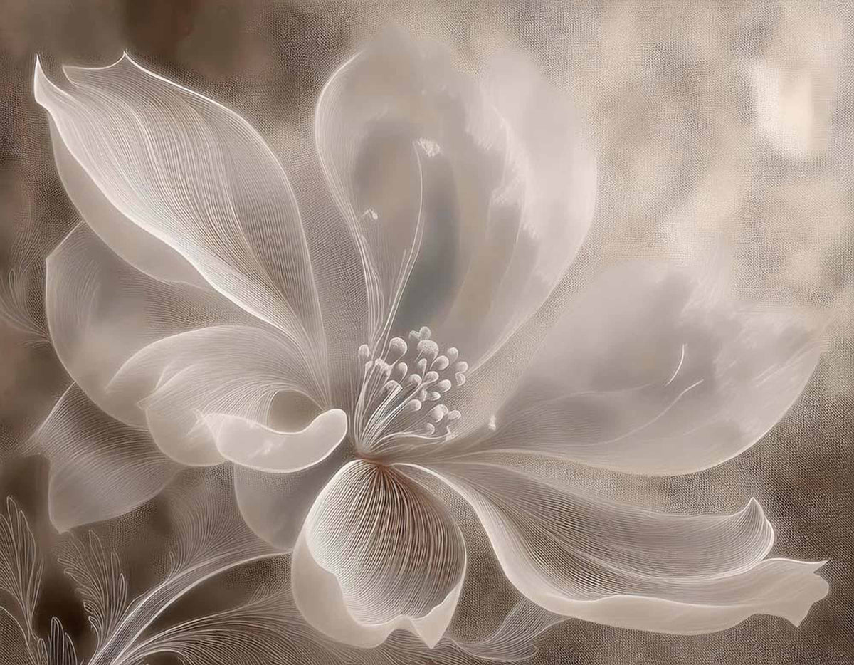 Papier peint fleur éthérée – Papier peint panoramique grande fleur beige translucide
