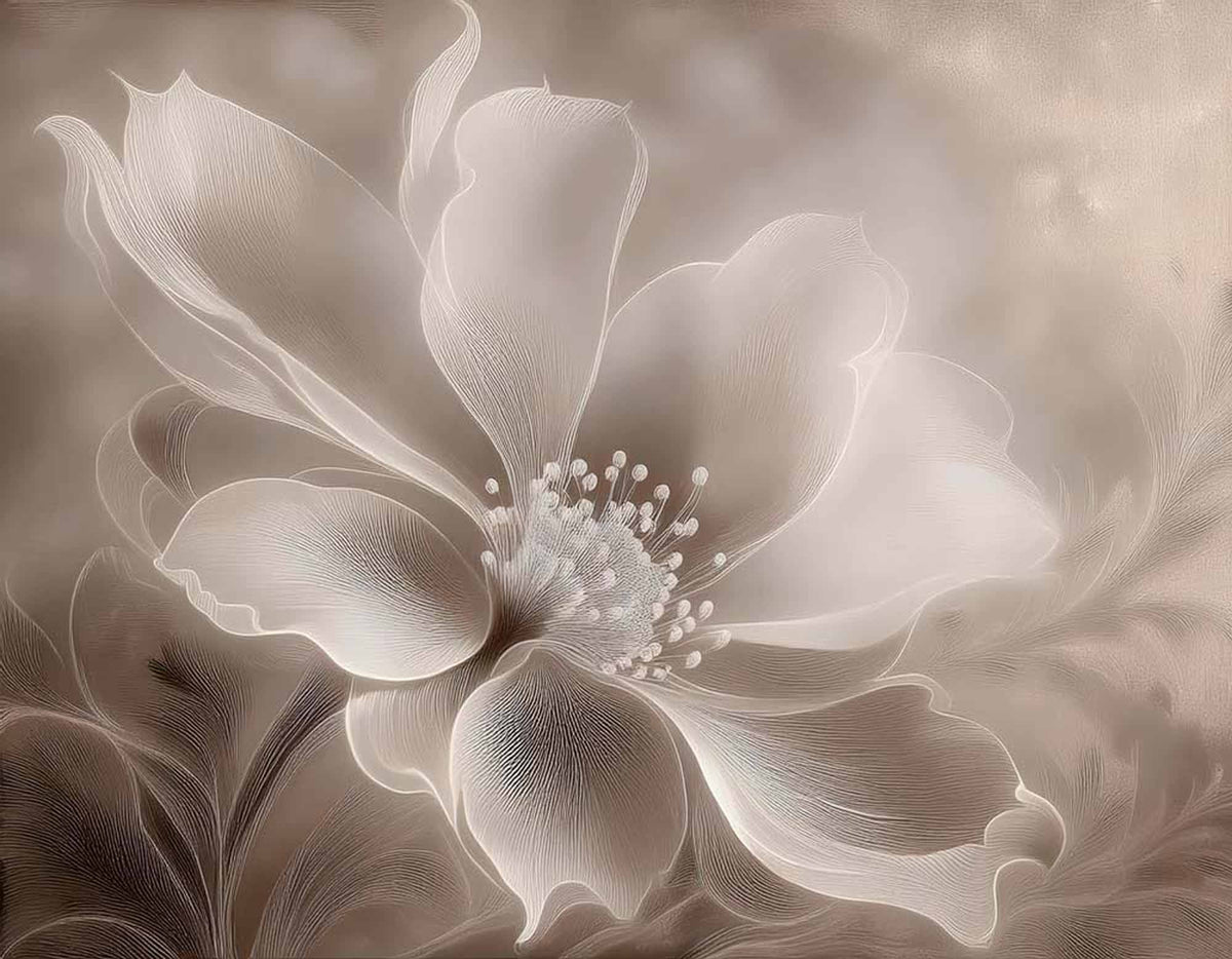 Papier peint fleur murmurante – Papier peint panoramique délicate fleur crème sur taupe