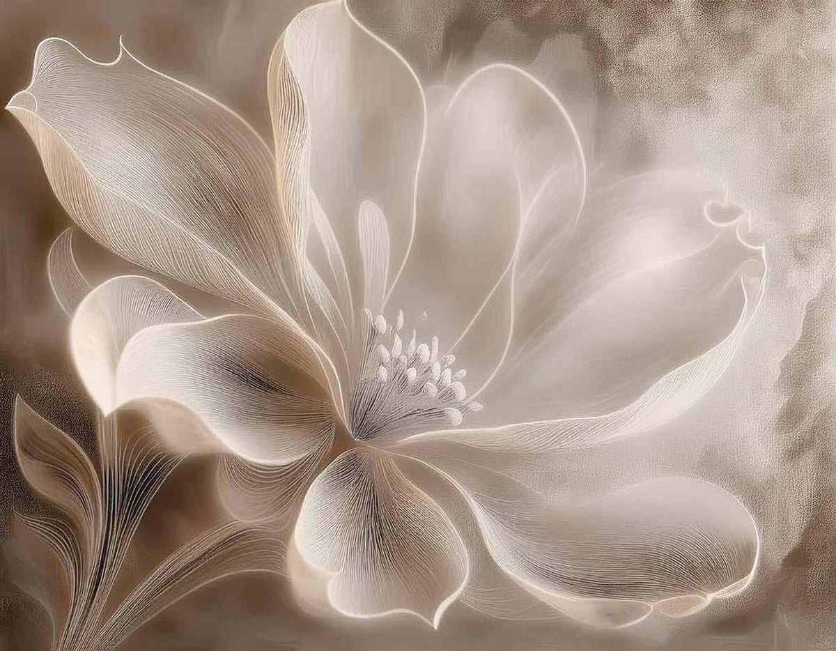 Papier peint grande fleur translucide – Papier peint panoramique botanique taupe doux