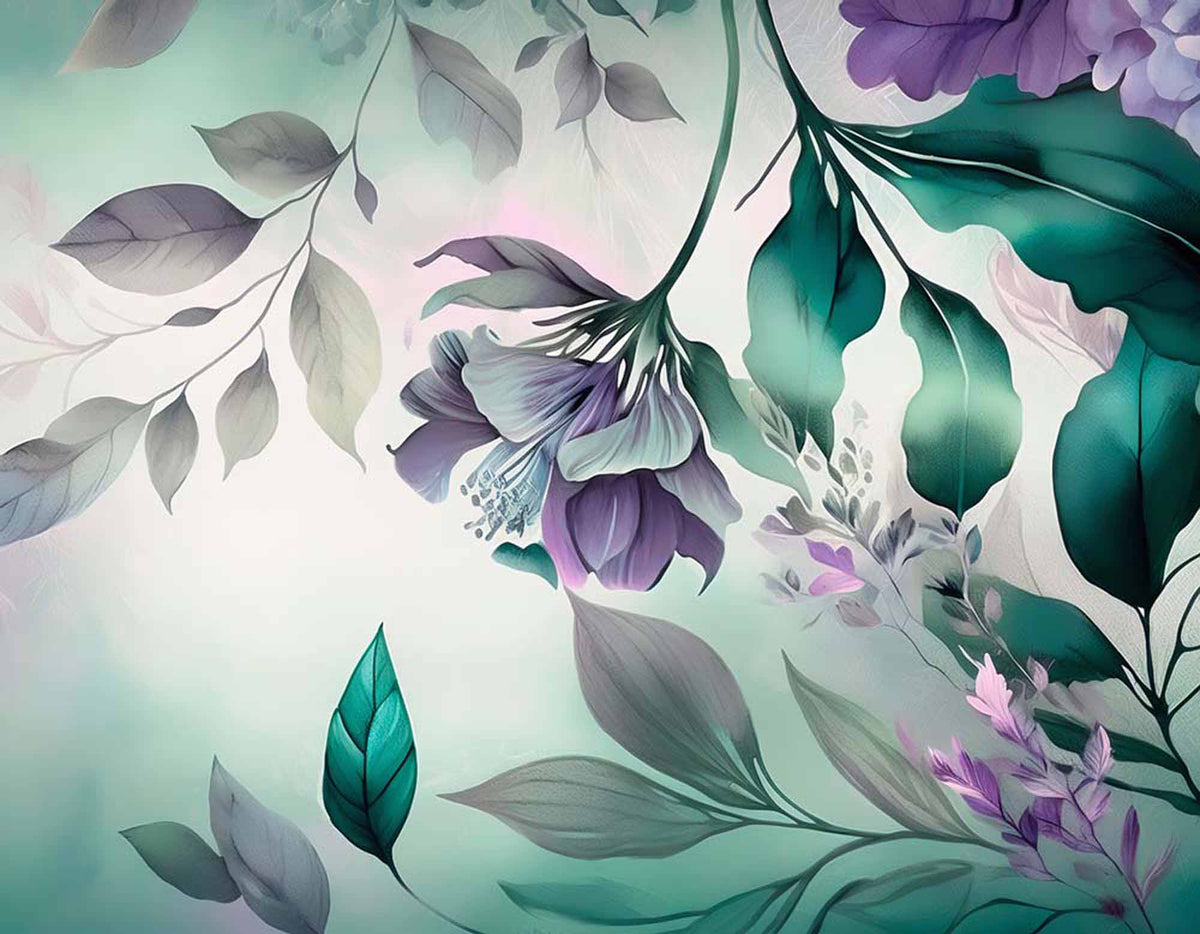 Fototapete Petrol und Flieder floral – Pastell-Blätter und Blumen