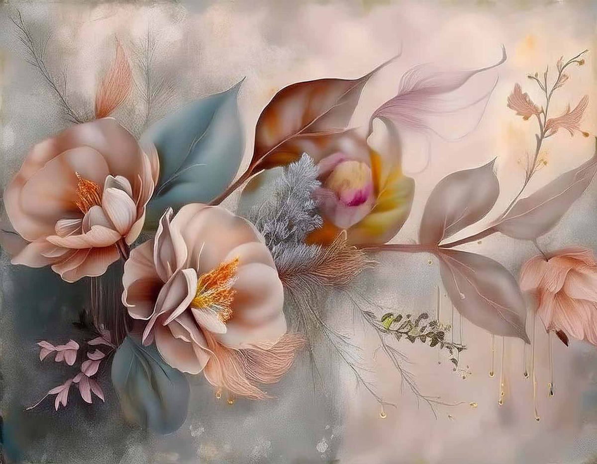 Fototapete Vintage-Pfirsich floral – Gemalte Blumen und Blätter