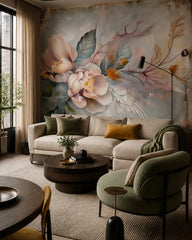 Dreamy petals wallpaper in a designer living room.