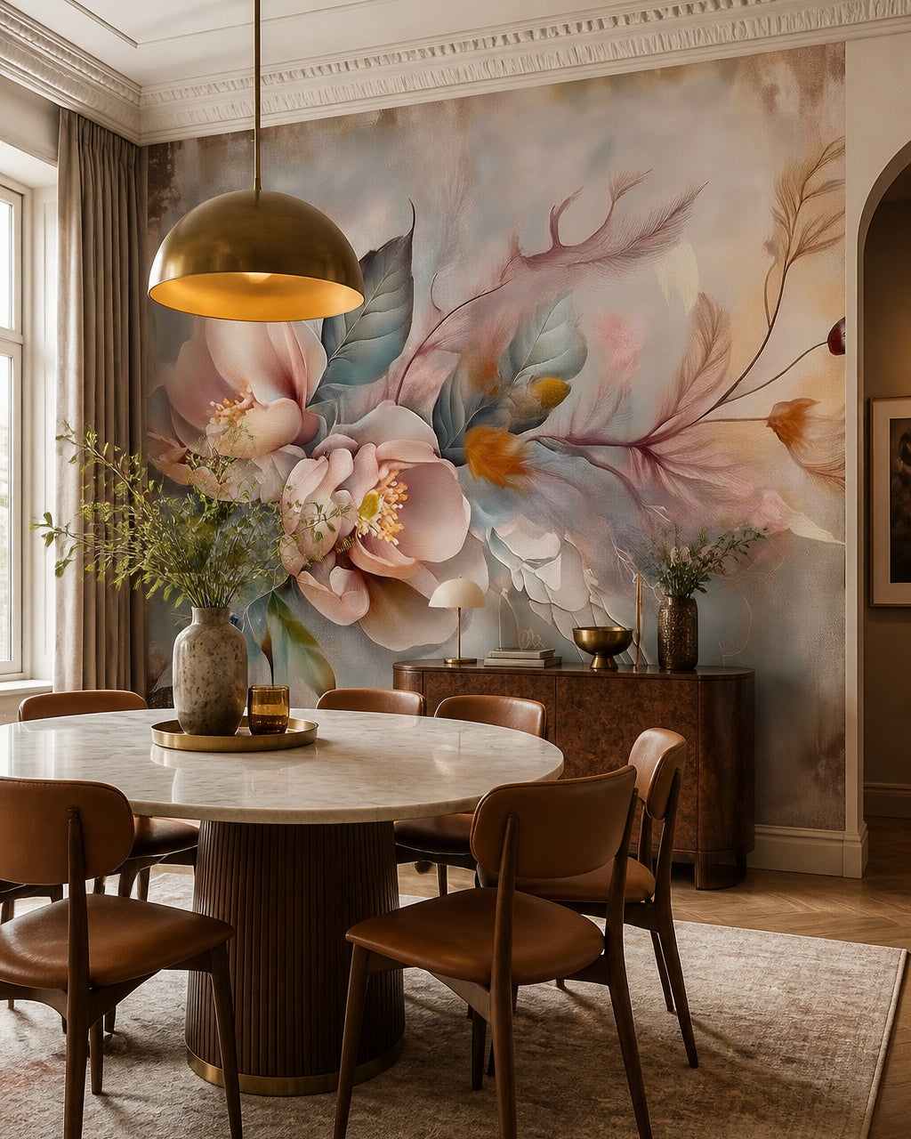 Dreamy petals wallpaper in a refined dining area.