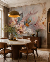 Dreamy petals wallpaper in a refined dining area.