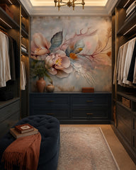 Dreamy petals wallpaper in a walk-in wardrobe.