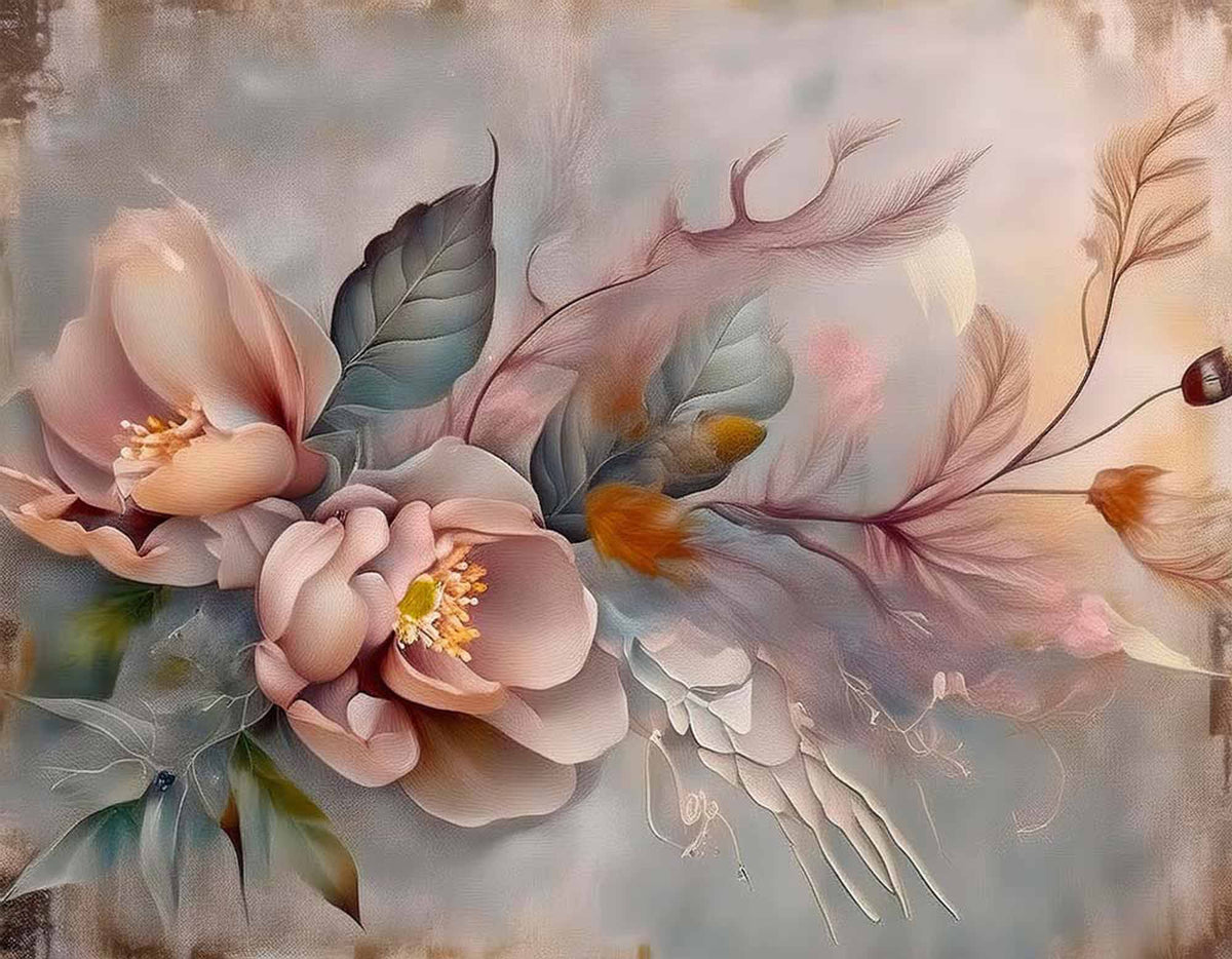 Papier peint pétales rêveurs – Papier peint panoramique fleurs pêche et feuilles bleu canard