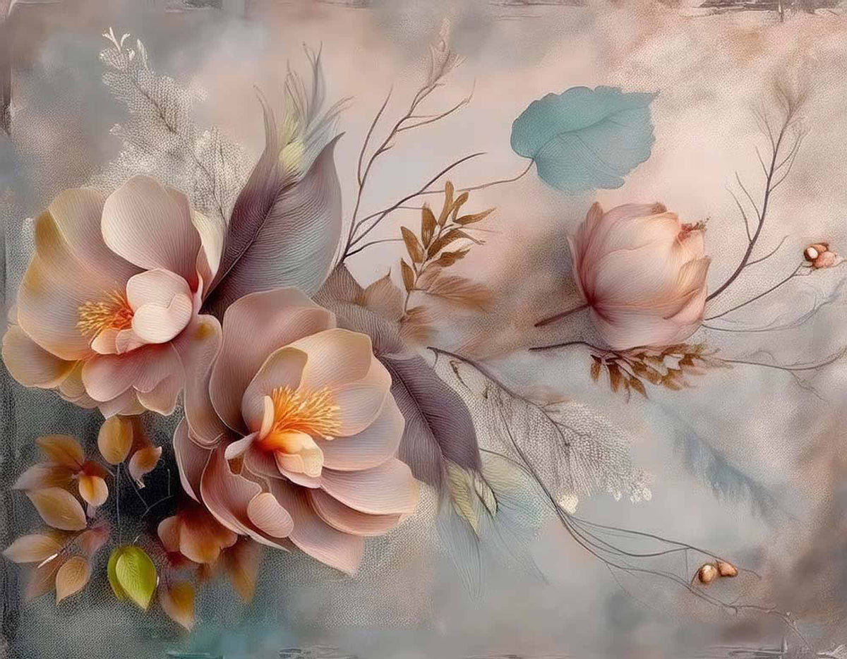 Fototapete Sanfte Pastell-Blumen – Pfirsichfarbene Blumen auf nebligem Rosenton