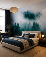 Foggy pines wallpaper in a designer bedroom.