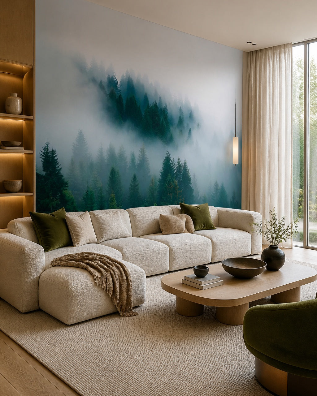 Foggy pines wallpaper in a designer living room.