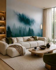 Foggy pines wallpaper in a designer living room.