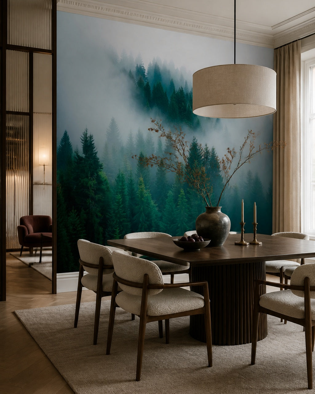 Foggy pines wallpaper in a refined dining area.