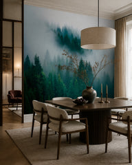 Foggy pines wallpaper in a refined dining area.