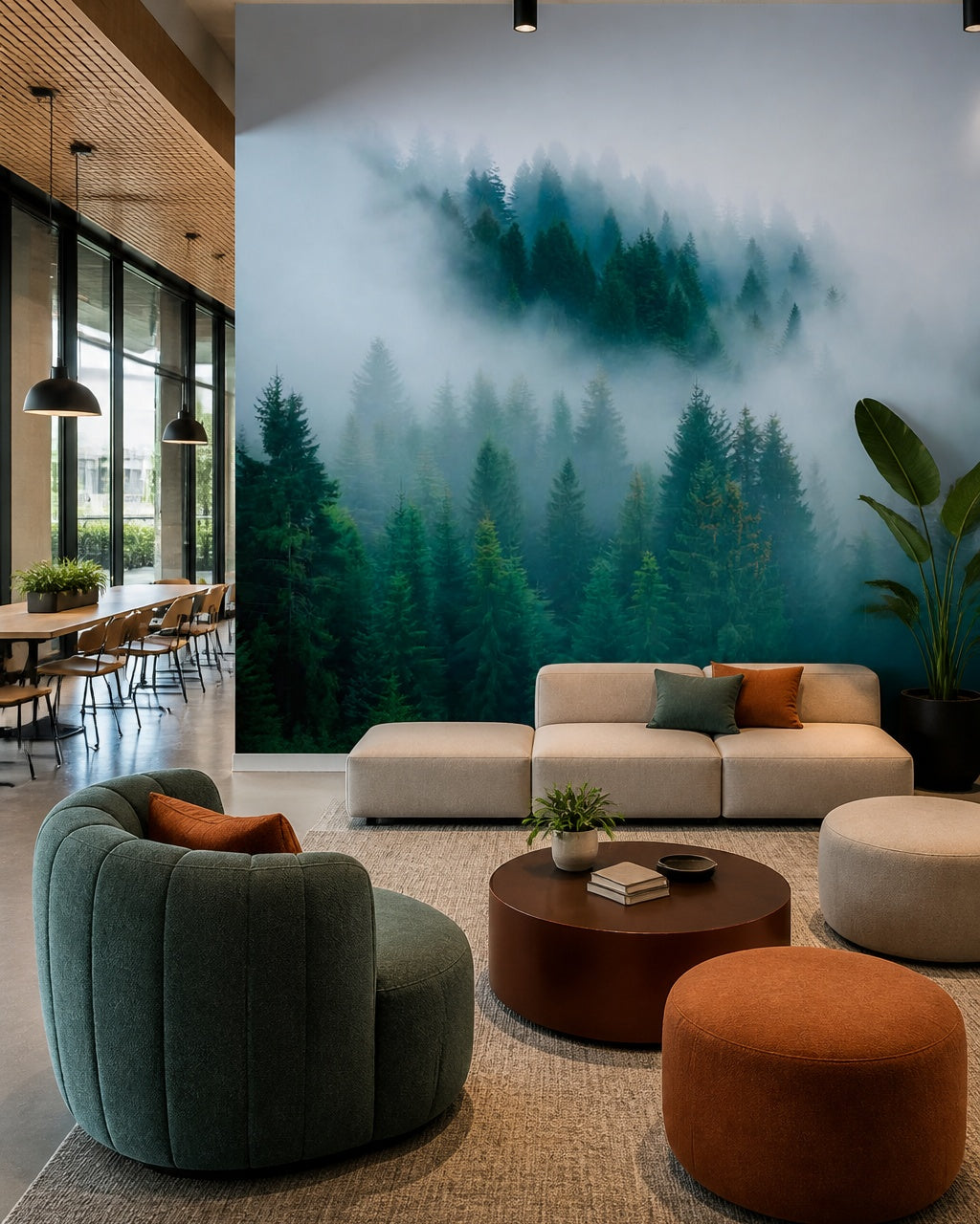 Foggy pines wallpaper in a creative office lounge.